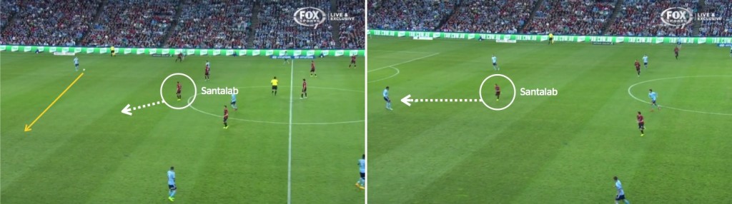 As Petkovic plays the pass to Ognenovski, Santalab immediately begins his run to try and win the ball. He is booked for his challenge